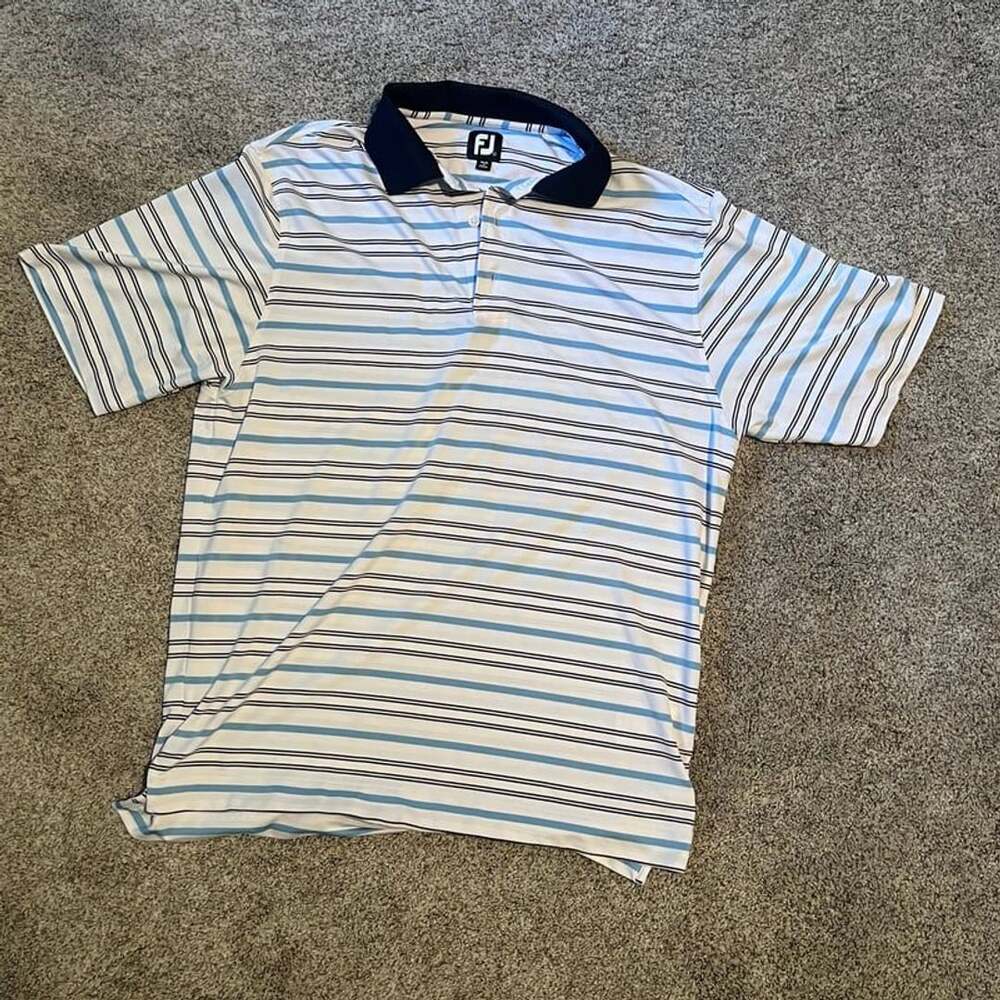 Mens FJ FootJoy Golf Polo Shirt size Large White with Light Blue and Navy Stripe